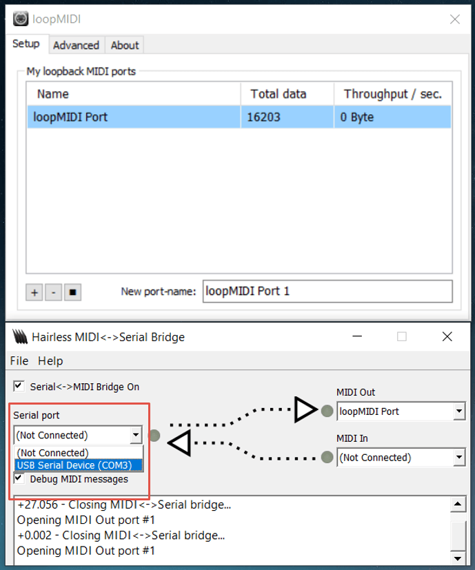 loopMIDI with a virtual port created for the controller