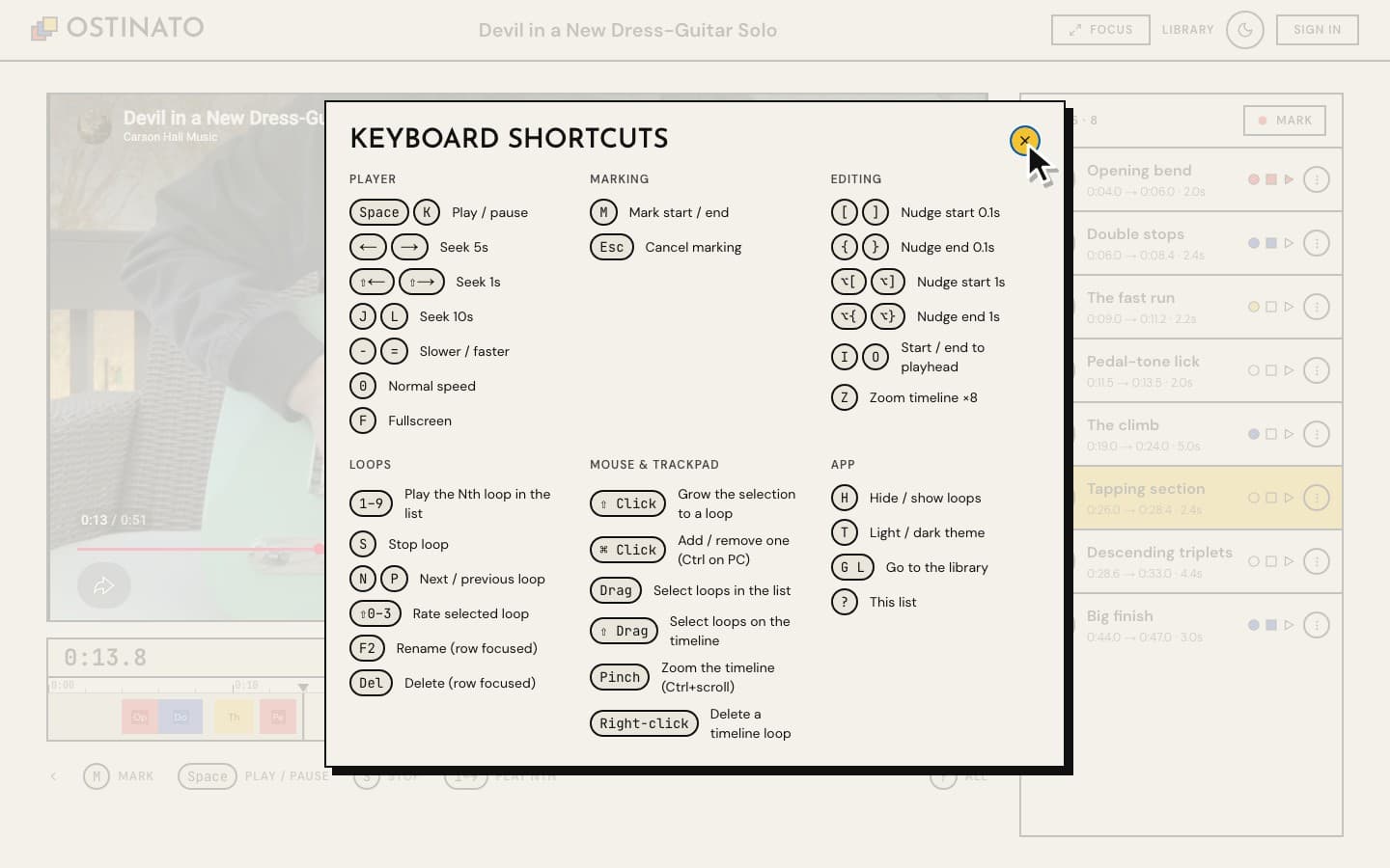 The keyboard shortcuts list, grouped into Player, Marking, Editing, Loops and App