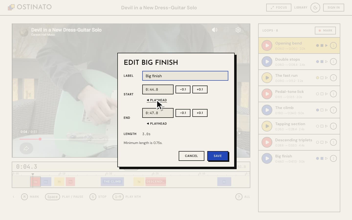 The Edit times dialog with start and end fields, ±0.1 buttons and 'Playhead' shortcuts