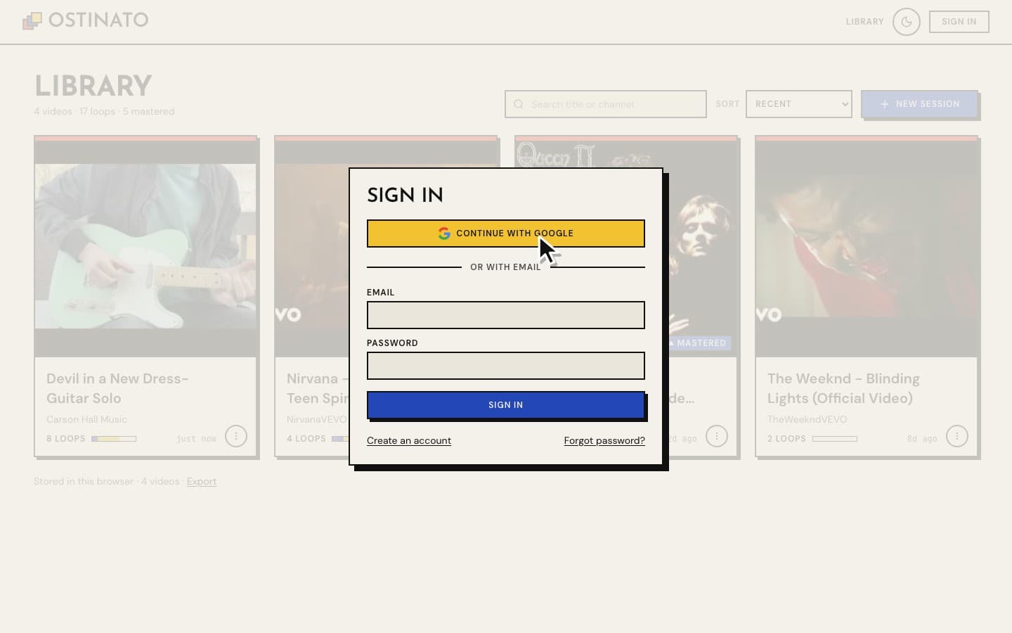 The sign-in dialog: Continue with Google, or sign in with an email and password