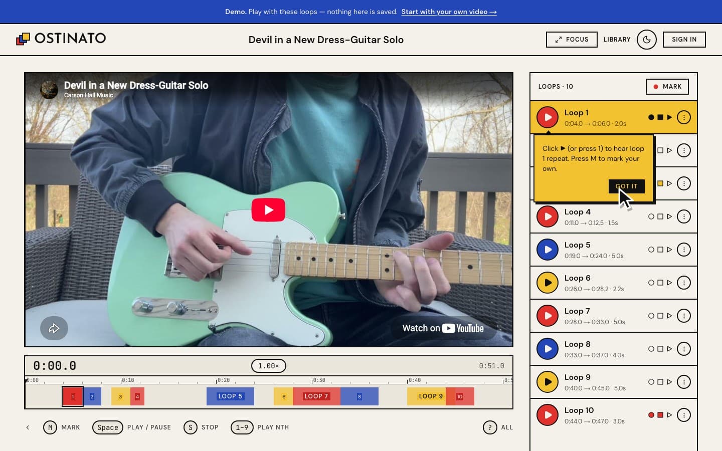 The demo: ten loops ready on a guitar solo, with a tip pointing at the first loop's play button