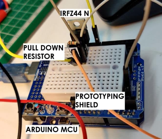 The Arduino prototype: IRFZ44N on a prototyping shield with a pull-down resistor